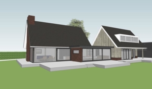rechterzijgevel met woonruimtes gericht op de tuin. 